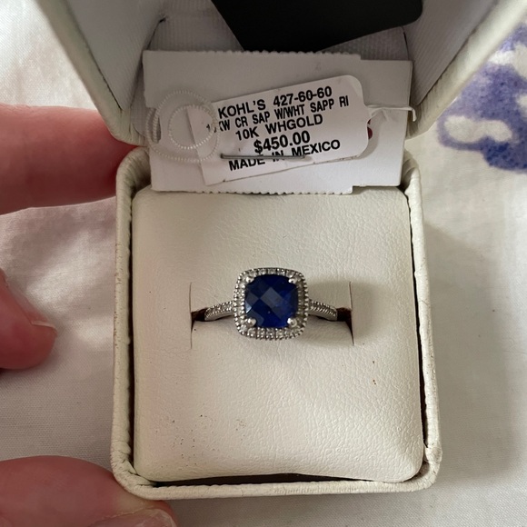 10k White Gold Lab-Created Sapphire & 1/5 Carat T.W. Diamond Cushion Halo Ring - Picture 8 of 8